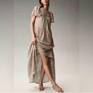 Anthropologie Metallic Short Sleeve Mock Neck Maxi Dress Sz Lg
